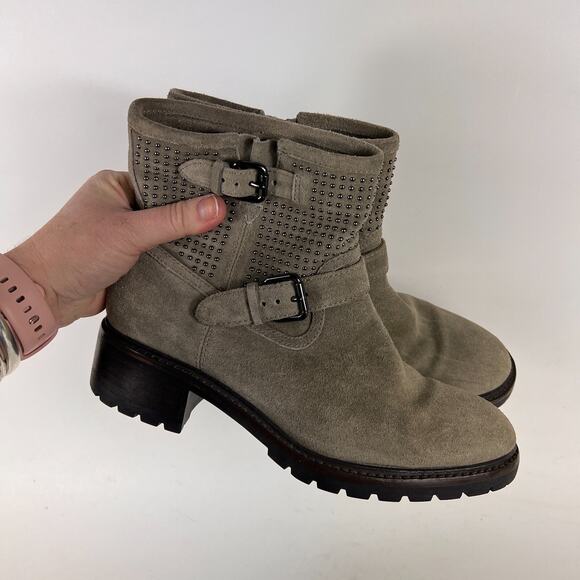 Coach Gates women's size 7.5 grey taupe suede bronze stud ankle moto booties - Picture 10 of 11